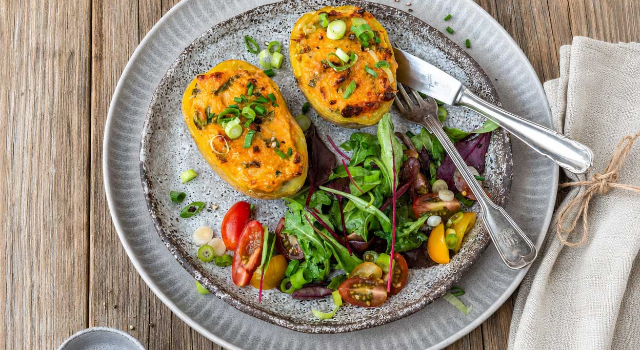 Gefüllte Kartoffeln mit buntem Frühlingssalat